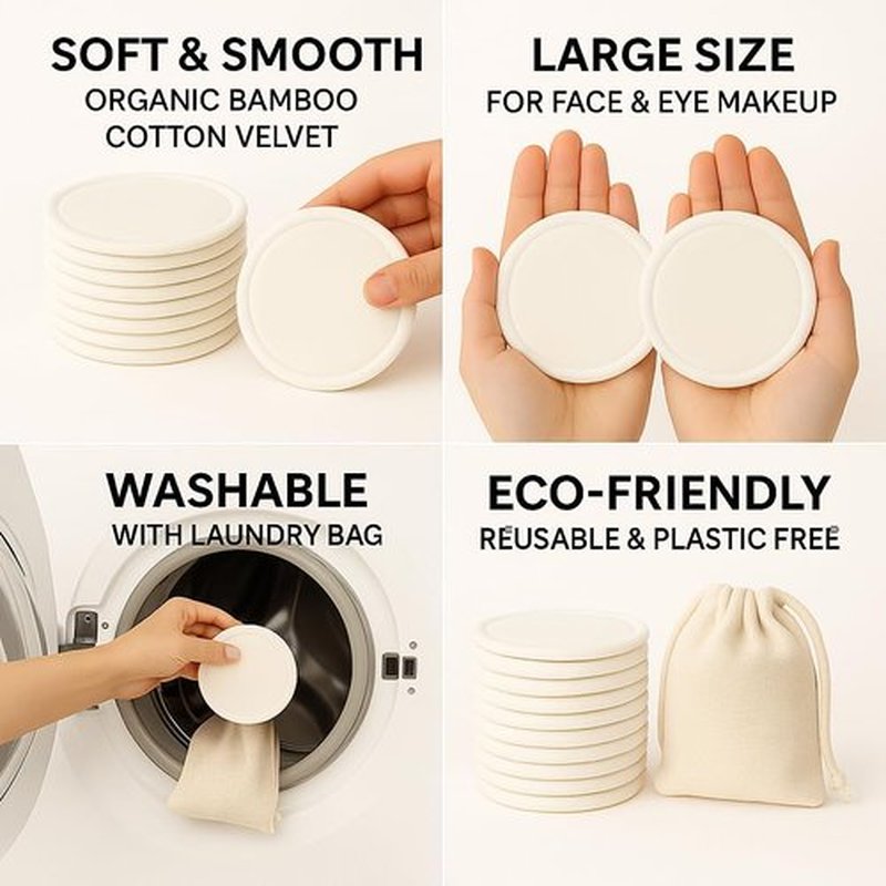 Eco-Friendly Makeup Remover Pads by EcoRoots - 12 Bamboo Cotton Rounds with Laundry Bag | Soft, Washable Facial Pads for Sensitive Skin