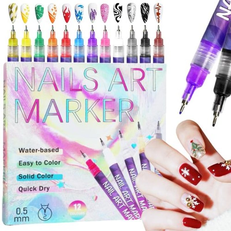 12 Colors Nail Art Pens Set, Nail Art Markers Polish Pen for 3D Nail Art, Drawing Painting Liner Brush for DIY Nail Art Beauty Adorn Manicure Tools (1 box of 12 colors)
