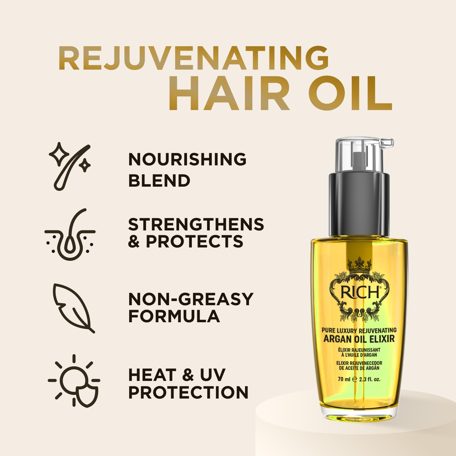 RICH Pure Luxury Rejuvenating Hair Argan Oil Elixir for All Hair Types - Repair for Dry and Damaged Hair - Enriched with Argan Oil, Sweet Almond Oil, Omega 6 & 9 - Heat Protective - 2.3 Oz
