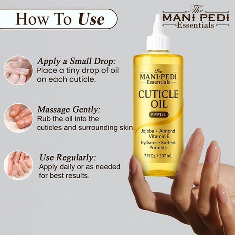 Professional Cuticle Oil Refill/Bulk Pack with special nozzle for easy refilling - 7 Fl Oz. Enriched with Jojoba Oil, Vitamin E & Sweet Almond Oil. Manicurist's Choice for Nourished Nails & Cuticles