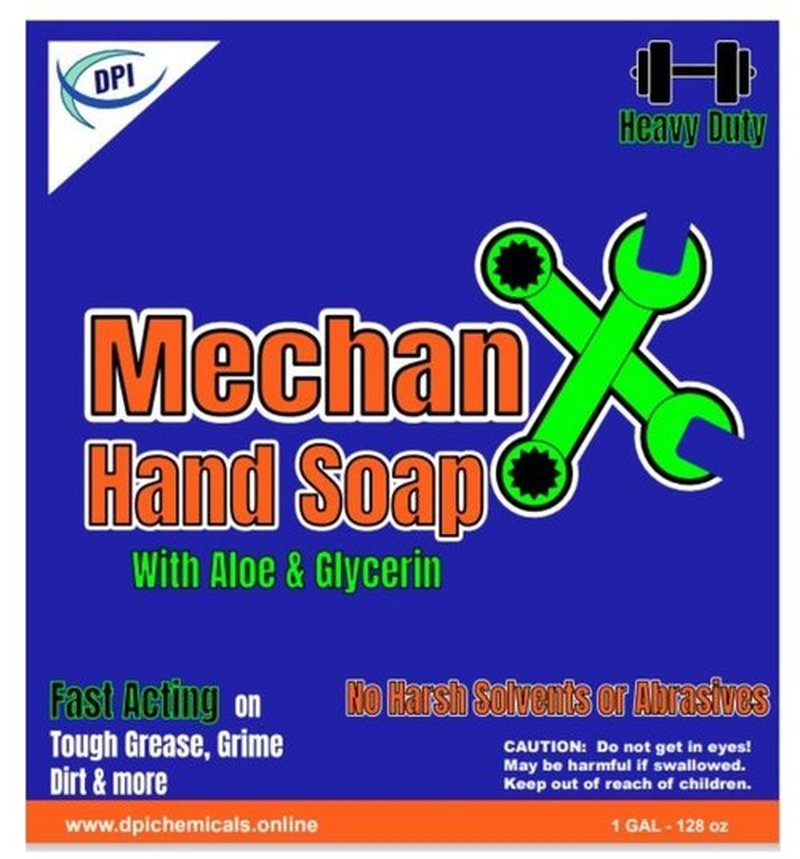 DPI MechanX Hand Soap, heavy duty, non abrasive, fast acting on grease, grime, and dirt. Gentle on hands, non drying or chapping for everyday use.. 1 Gallon with pump