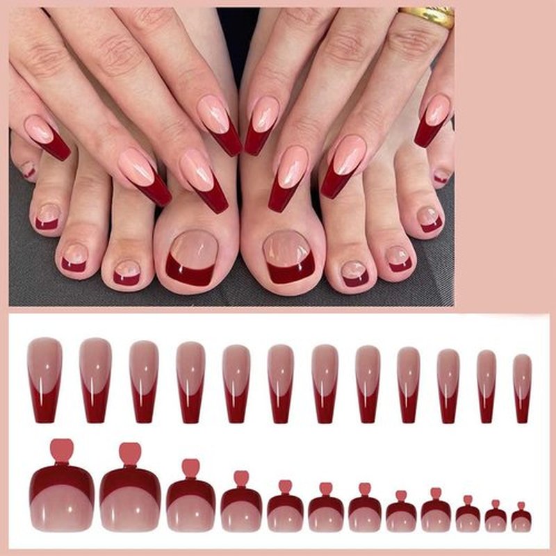 Outyua 48Pcs Press on Nails Toenails French Nail Tips Medium Length Flase Nail Finger Toe Nails Red Glossy Acrylic Fake Nail with Designs (Red French)