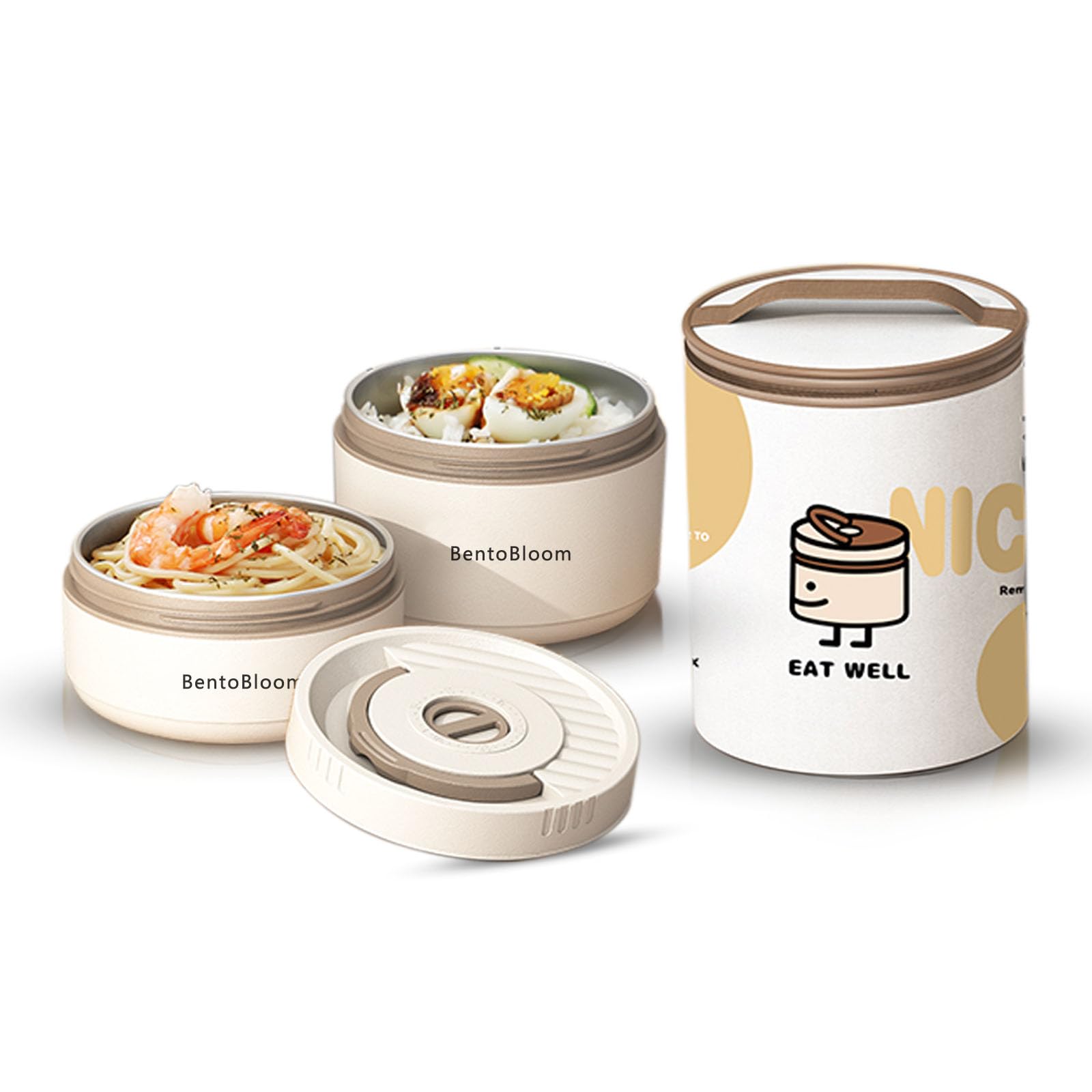 BentoBloom Bento Box Adult — Round Stackable Lunch Box for Women (450ml & 600ml) with Insulated Carry Bag | 304 Stainless Steel Removable Inserts | Microwave & Dishwasher Safe, White