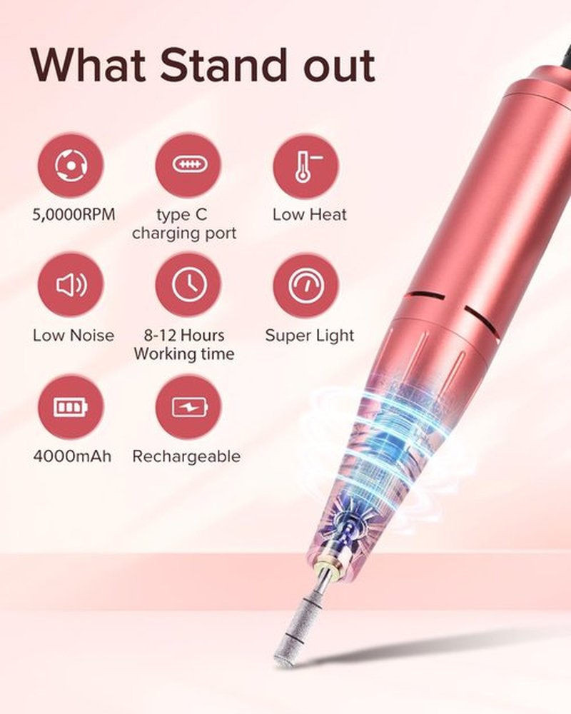 HAPPITON Electric Nail Drill - 50,000 RPM, Rechargeable, LED Display, Cordless Nail File Kit for Manicure, Pedicure, Acrylics & Gel Polish, Home & Salon Use-Pink