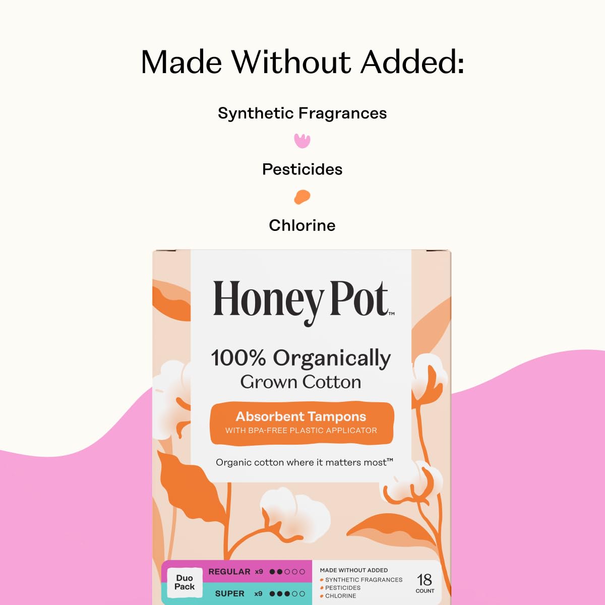 The Honey Pot Company - Multipack -100% Organic Cotton Core Tampons w/Bio Plastic Applicator - Regular & Super Absorbency - Unscented - Feminine Care - 54 Count (3 Packs of 18)