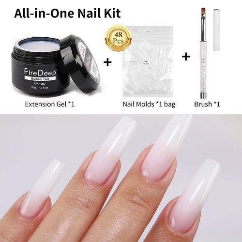 Firedeep Builder Nail Gel Kit, 35g Milky White 3 in 1 Builder Gel for Nails, Hard Gel Builder Nail Extension Gel With Clear Nail Tips Model and Brush