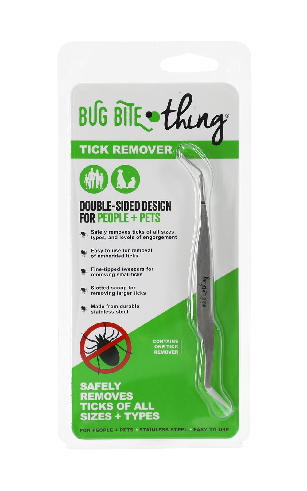 BUG BITE THING Tick Remover Tool for People & Pets, Patented Two Sided Stainless Steel Design with Fine Tipped Tweezers, Formerly Known as TickEase