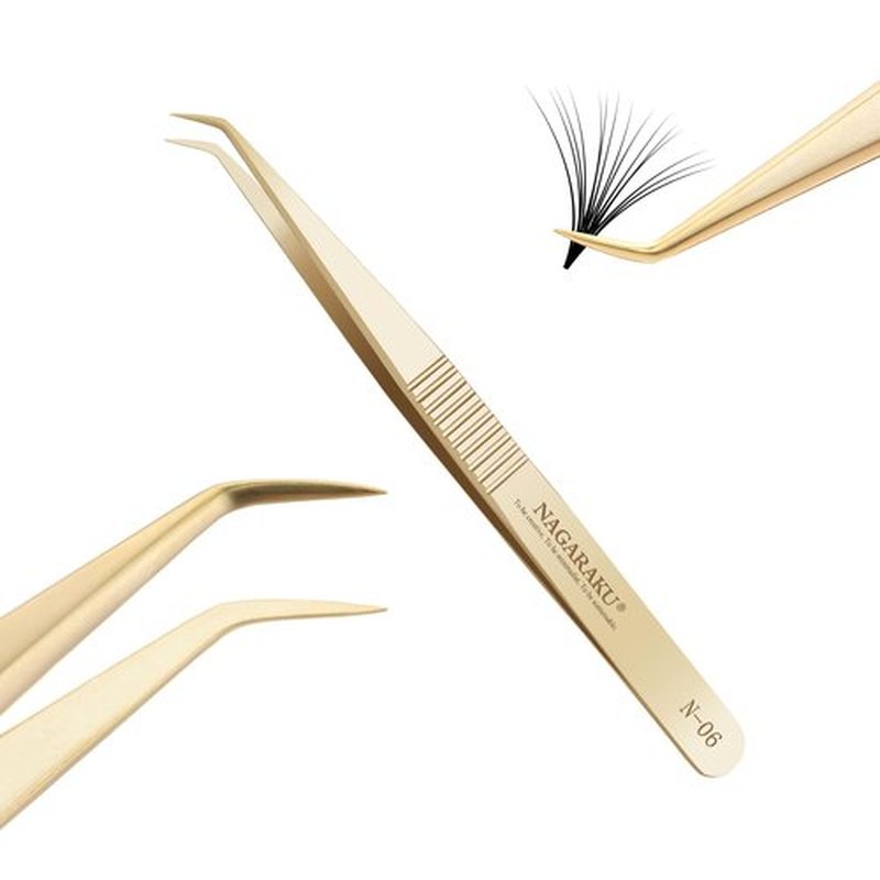 NAGARAKU Professional Eyelash Extension Tweezers, Precision Tip Stainless Steel Gold Lash Tool Curved Angled for Individual & Volume for Salon & Personal Use, Super Light Weight Easy Fanning (N-06)