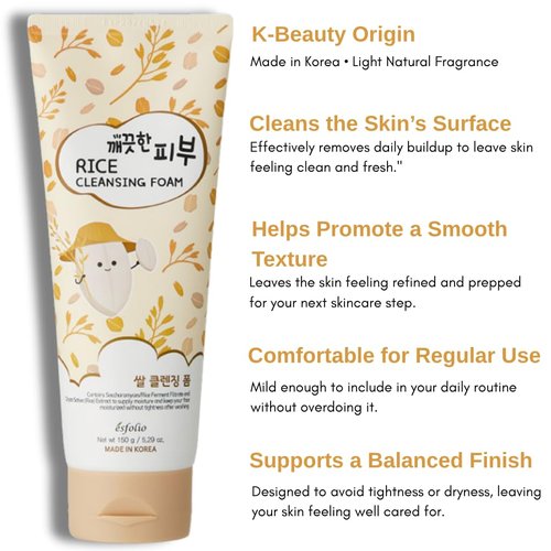 esfolio Rice Cleansing Foam Face Wash – Gentle Daily Facial Cleanser with Soft Creamy Foam – Suitable for All Skin Types – Helps Remove Dirt, Oil, and Impurities Without Drying (5.29oz -150g)