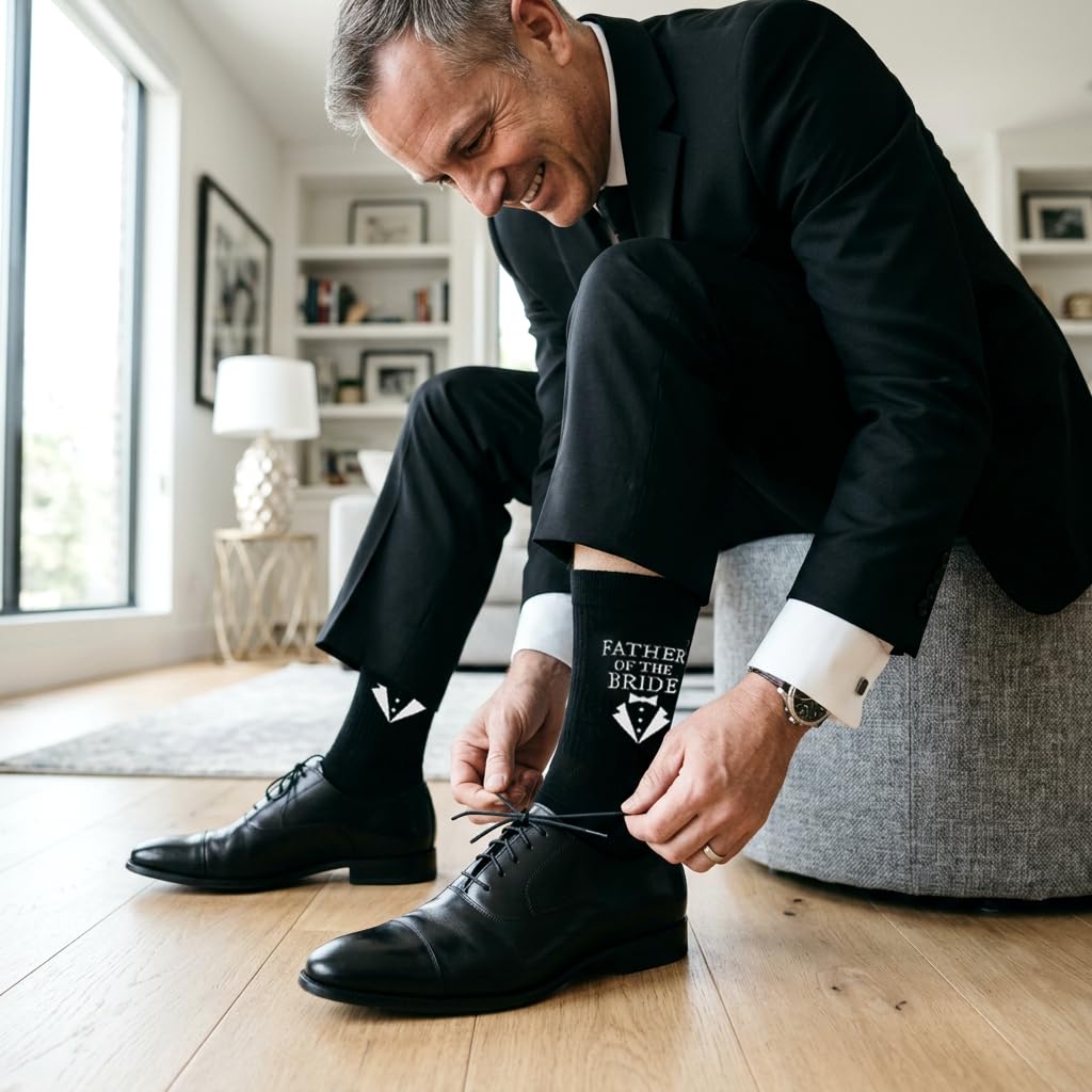 BUENWAZ Dress Socks for Father of the Bride 1 Pair Wedding Day Gift, Fun Socks for Wedding, Size Men 8-12 (Black)