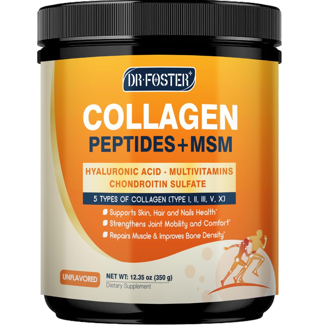 DRFOSTER Multi Collagen Peptides Powder for Women with MSM + CS & D3 - Type I, II, III, V, X Hydrolyzed Collagen with Vitamin C & Hyaluronic Acid for Skin Hair Nails & Joint, Non-GMO, 35 Servings