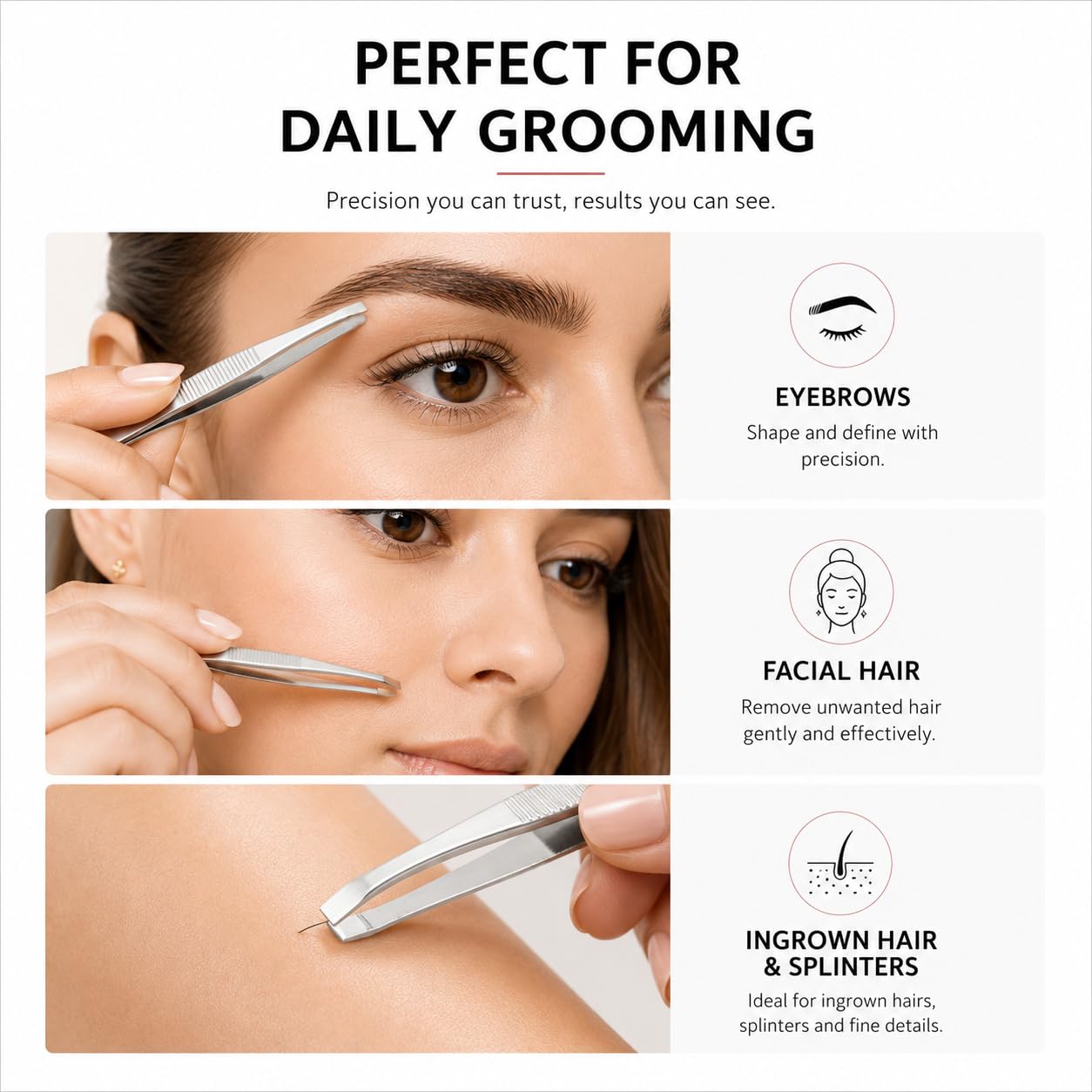 LUXXII Flat Tip Tweezers Set (3 Pack) – Precision Stainless Steel Tweezers for Eyebrows, Facial Hair, Ingrown Hair & Splinter Removal – Professional Hair Plucker for Women & Men