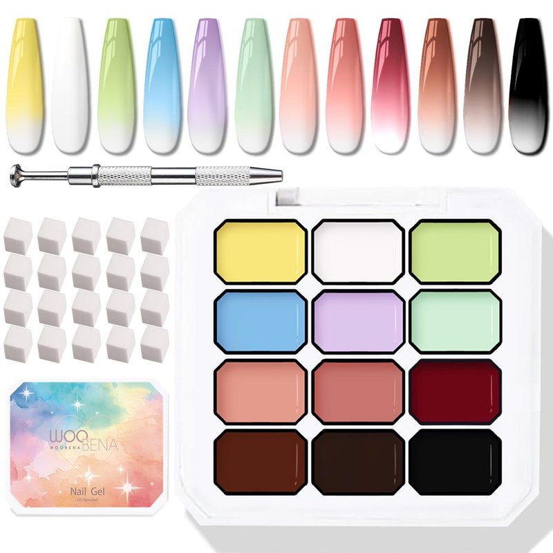Woobena 12 Colors Pat Paint Nail Gel, Sponge Pat Gel Ombre Gradient Gel Nail Blush Blooming Aura Nails Drawing Stripper Floral Painting DIY Nail Art, No Wipe, UV/LED Curing
