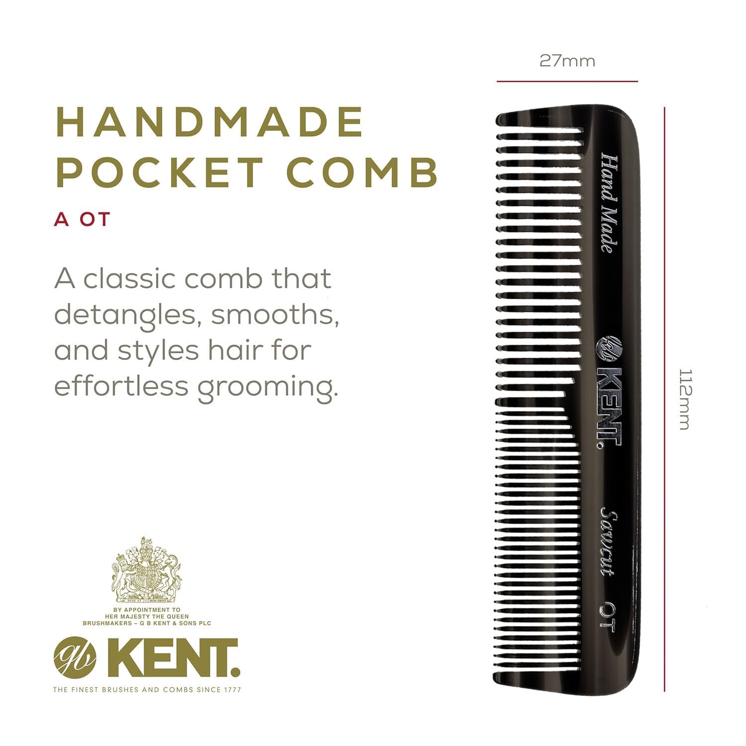 Kent OT Pocket Comb Black and Tortoise - Handmade Fine and Wide Tooth Hair Comb for Men, Women, and Kids - Travel, Beard, and Mustache Comb - Saw Cut and Hand Polished Made in England