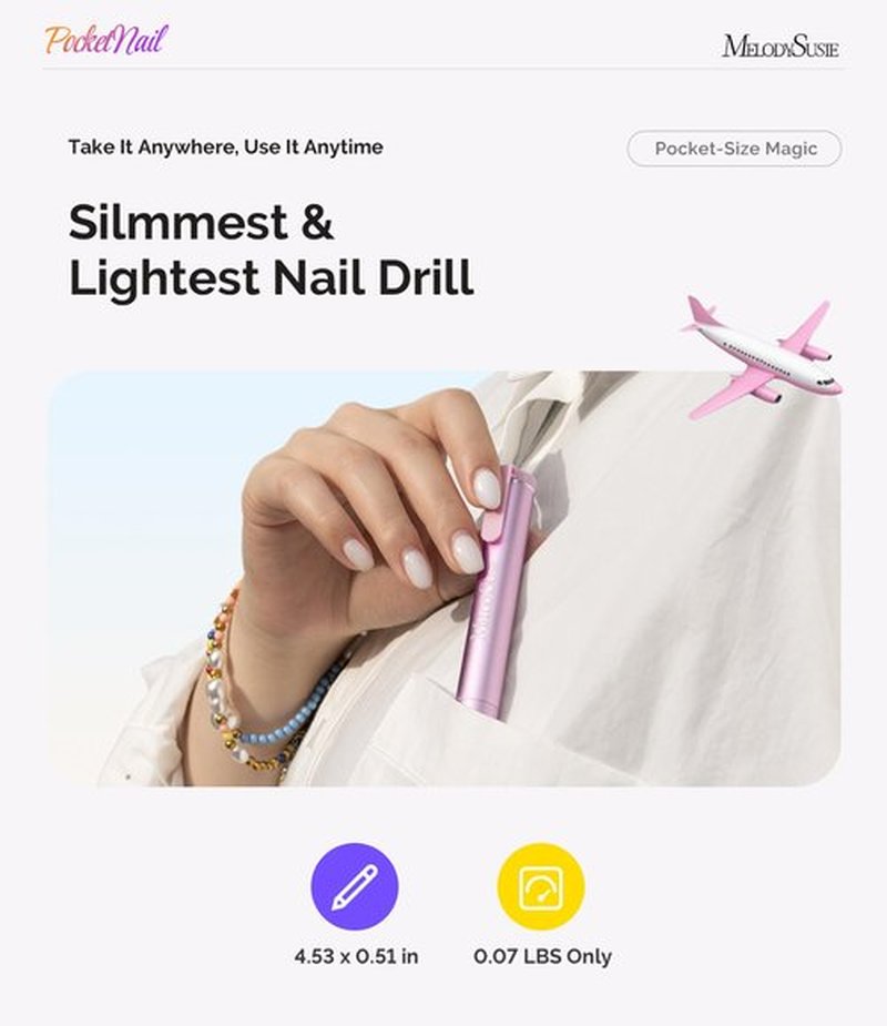 MelodySusie PocketNail Slim Ergonomic Pen-Shaped USB Nail Drill, PC100G 20002RPM Portable Electric File for All Manicure, Pedicure Nail Care, Shaping & Gel Removal at Home for Beginners
