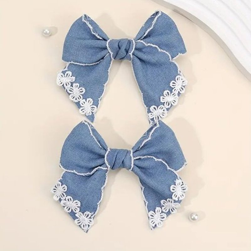 Blue Denim Hair Bow Clips Girls Denim Bowknot Pin Girls Blue Jeans Hair Bow Clips BW27 (Set-F)
