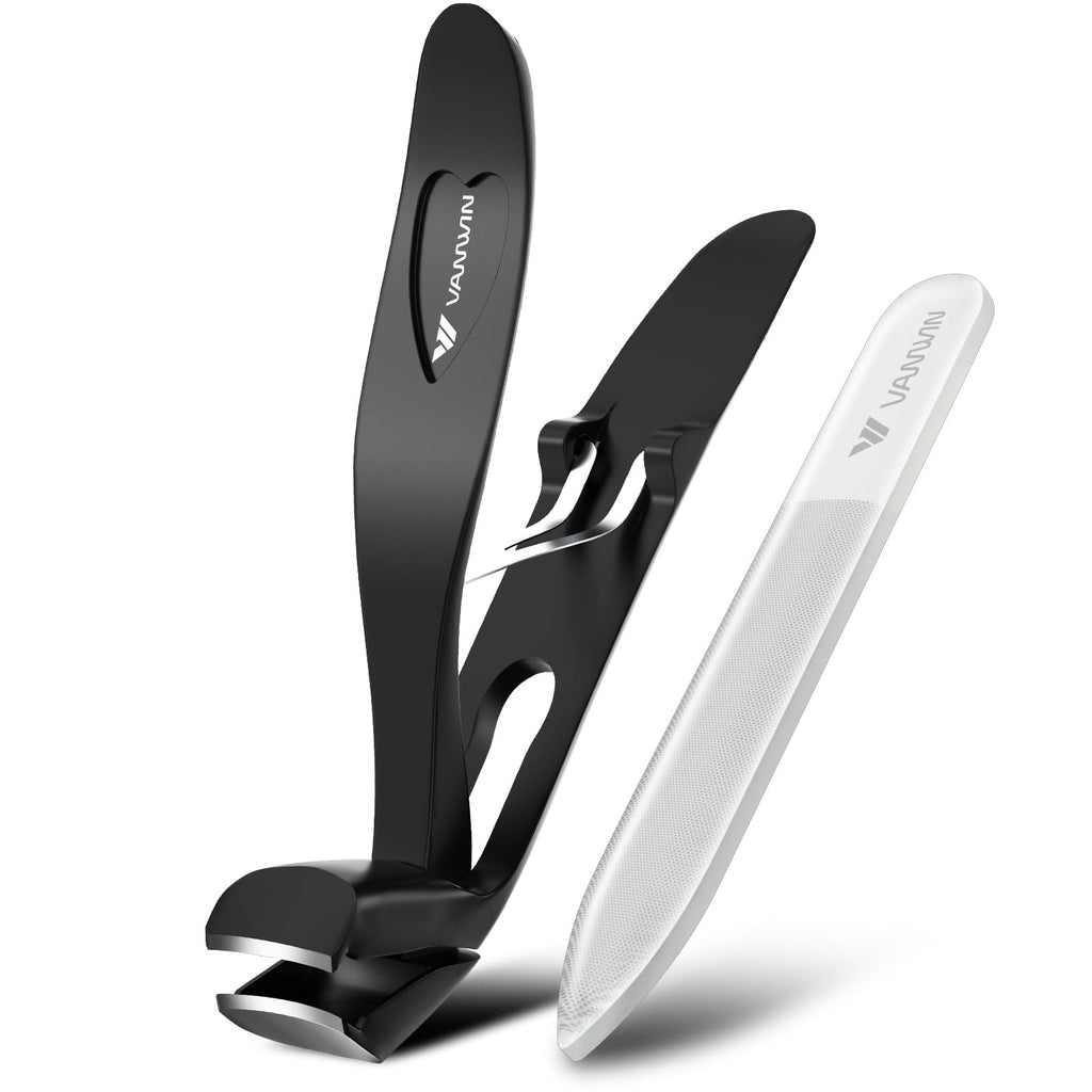 VANWIN Angled Head Nail Clippers for Seniors, Ergonomic Toenail Clippers for Thick Nails with Wide Jaw Opening, Premium Steel Nail Cutter Nail Clippers with Catcher for Men and Women Black