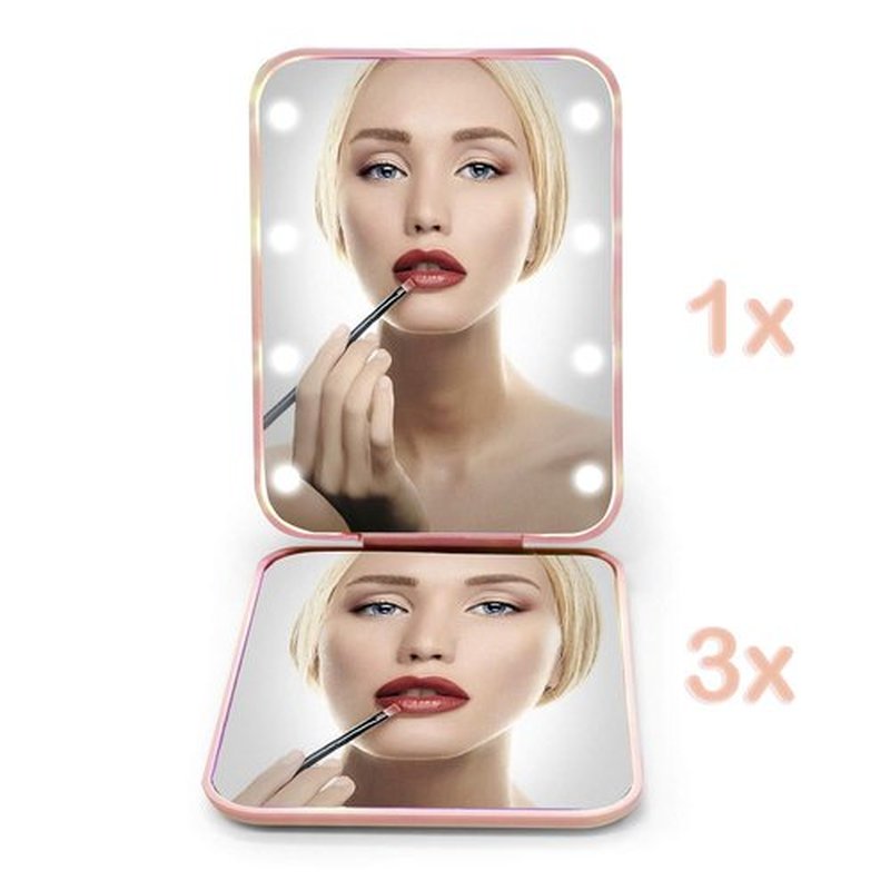 Kintion Compact Travel Makeup Mirror - 1X/3X Magnification with LED Light | Portable Folding Design, Pink