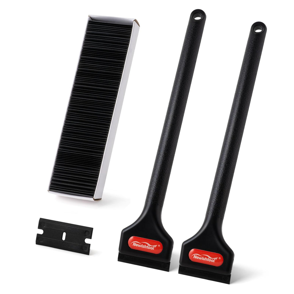 NEWISHTOOL 2 Pcs Long Handle Plastic Razor Blade Scraper With 100 PCS Spare Replacement Blades, Sticker Remover Glue Residue Tool for Hard to Reach Corner