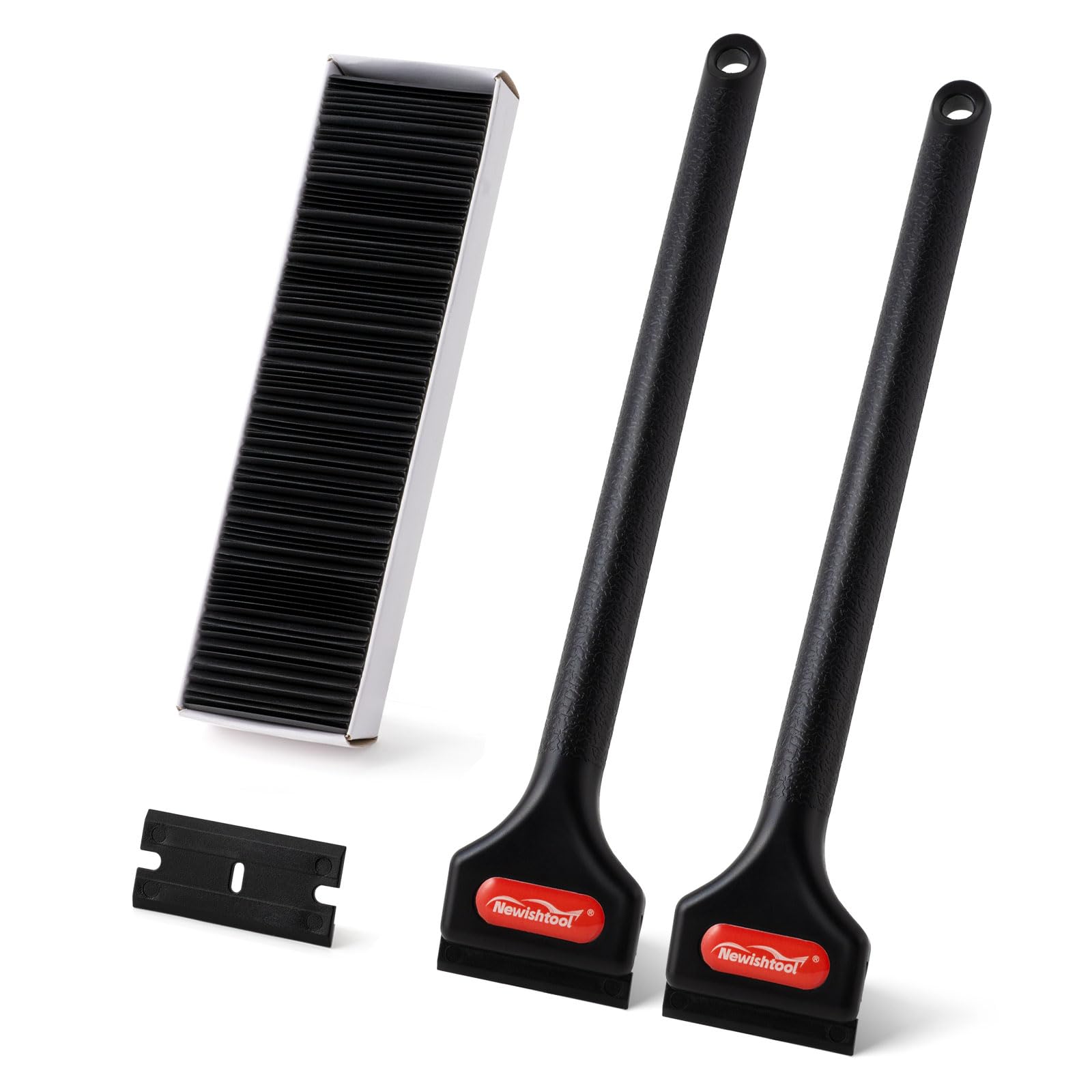NEWISHTOOL 2 Pcs Long Handle Plastic Razor Blade Scraper With 100 PCS Spare Replacement Blades, Sticker Remover Glue Residue Tool for Hard to Reach Corner