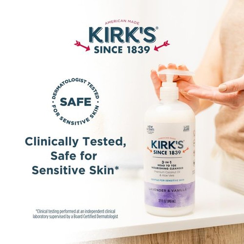 Kirk's 3-in-1 Head to Toe Nourishing Liquid Cleanser- for Men, Women & Children - Premium Coconut Oil & Aloe Vera- Non GMO & Vegan - Lavender and Vanilla - 32 Fl Oz.