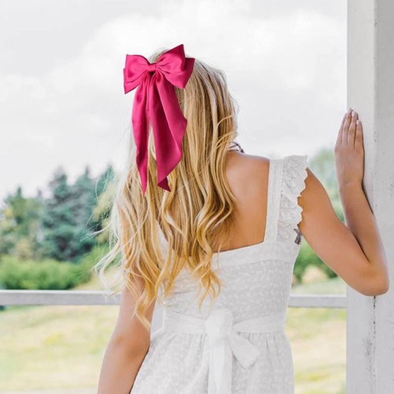 Pink Hair Bow for Women - Furling Pompoms Pack of 2 Hot Pink Bow Clips for Hair,Satin Big Bows Long Tail Alligator Clip Ribbon Large Pink Hair Accessories for Girls Women Teens
