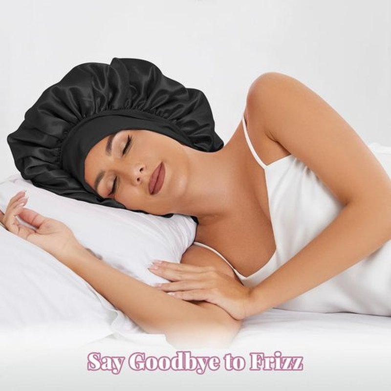 2 Pcs Large Satin Silk Bonnet for Sleeping Women, Adjustable Hair Bonnets for Sleeping with Tie Band, Silk Bonnet Sleep Cap for Curly Hair Long Braids (Black+Rose Pink)