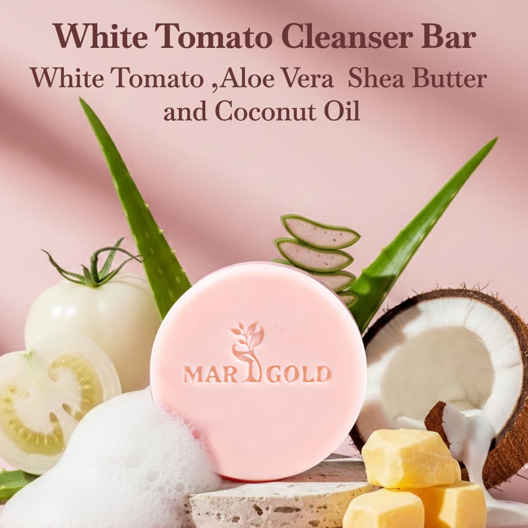Marigold glow White Tomato Facial Cleansing Bar, hyperpigmentation soap glass skin face wash with Shea Butter Coconut Oil Vitamin E, Brightening Moisturizing Face Care, 3.5 Oz Pack of 2