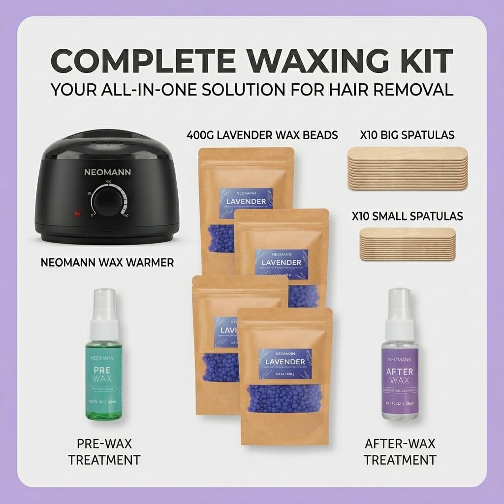 NEOMANN Brazilian and Bikini Waxing Kit for Women Hard Wax Warmer, Lavender Beads, Pre & Post Wax Spray, At Home Hair Removal Kit for Face, Legs,Body, and Underarms, Beginner Friendly