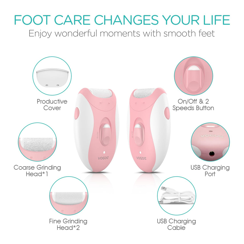VOGOE Electric Callus Remover for Feet, Rechargeable Foot File Pedicure Tools with 3 Rollers & 2 Speeds, Professional Feet Scrubber Remover Foot Care for Calluses, Cracked Dry Dead Skin CR310 Pink