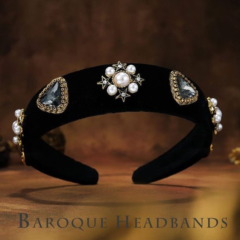 Sinalty Black Velvet Wide Headbands Rhinestone Jeweled Headband Vintage Baroque Pearl Hair Accessories for Women