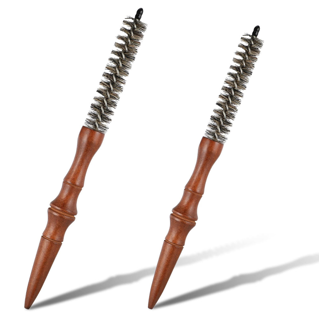 2pcs Small Round Brush Wooden Handle Boar Bristle Round Brush for Short Hair Roller Quiff Hair Combs Portable Travel Circular Hairbrush for Women Men Bangs Roots Straight Curling Mustache Brushs