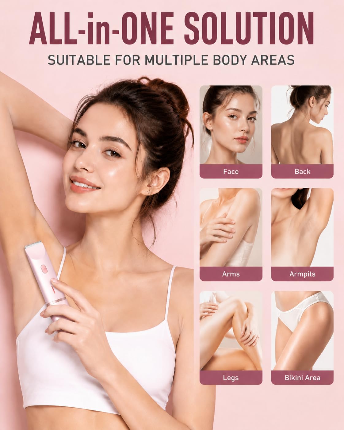 AiooTisu 2-in1- Bikini Trimmer for Women, Waterproof Painless Electric Razor with Dual Heads, IPX7 Shower & Travel Bikini Shaver, USB-C Rechargeable, for Bikini Line, Legs, Face & Underarms
