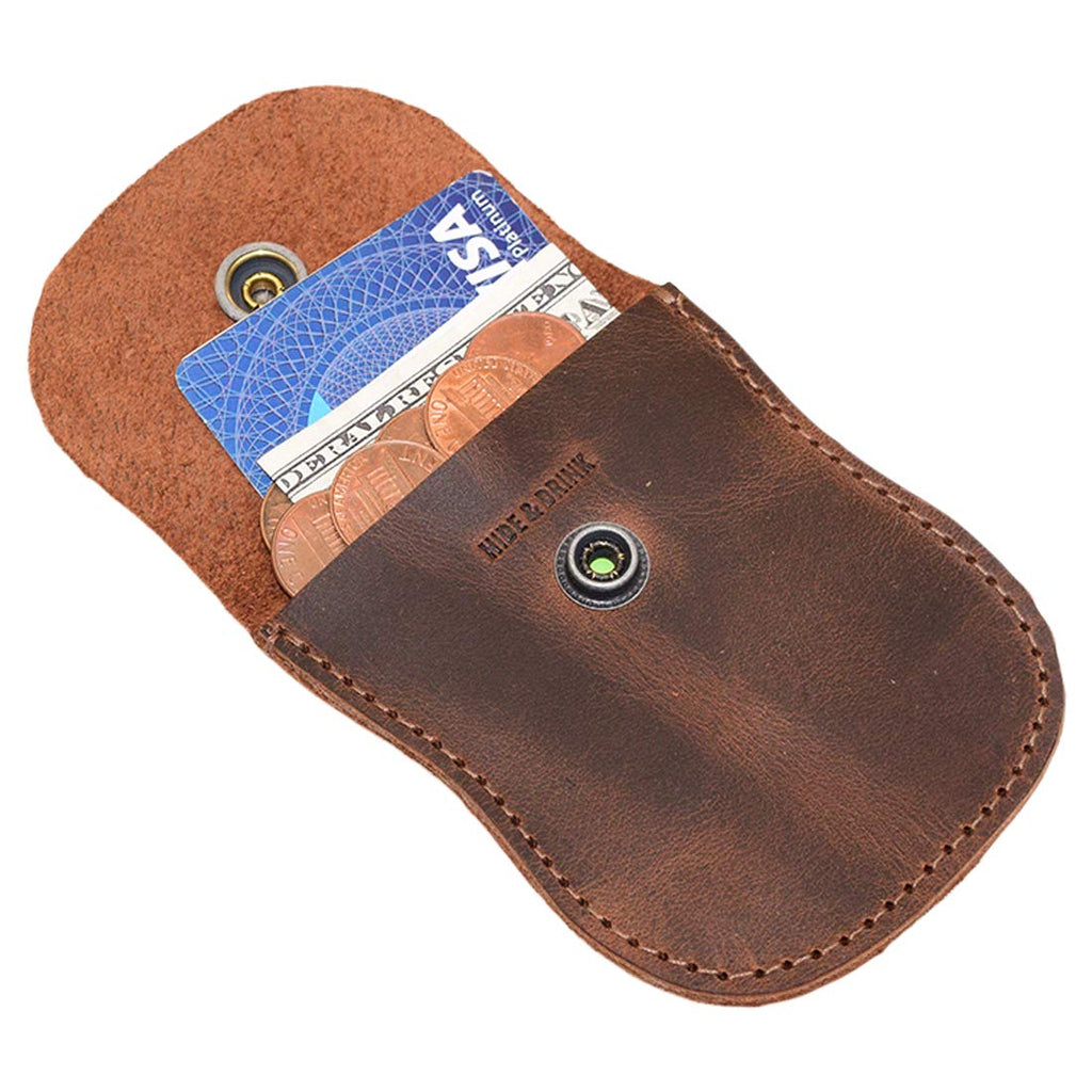 Hide & Drink, Curvy Coin Pouch, Pocket Case for Pennies, Rustic Bag, Travel Accessory, Full Grain Leather, Handmade, Bourbon Brown