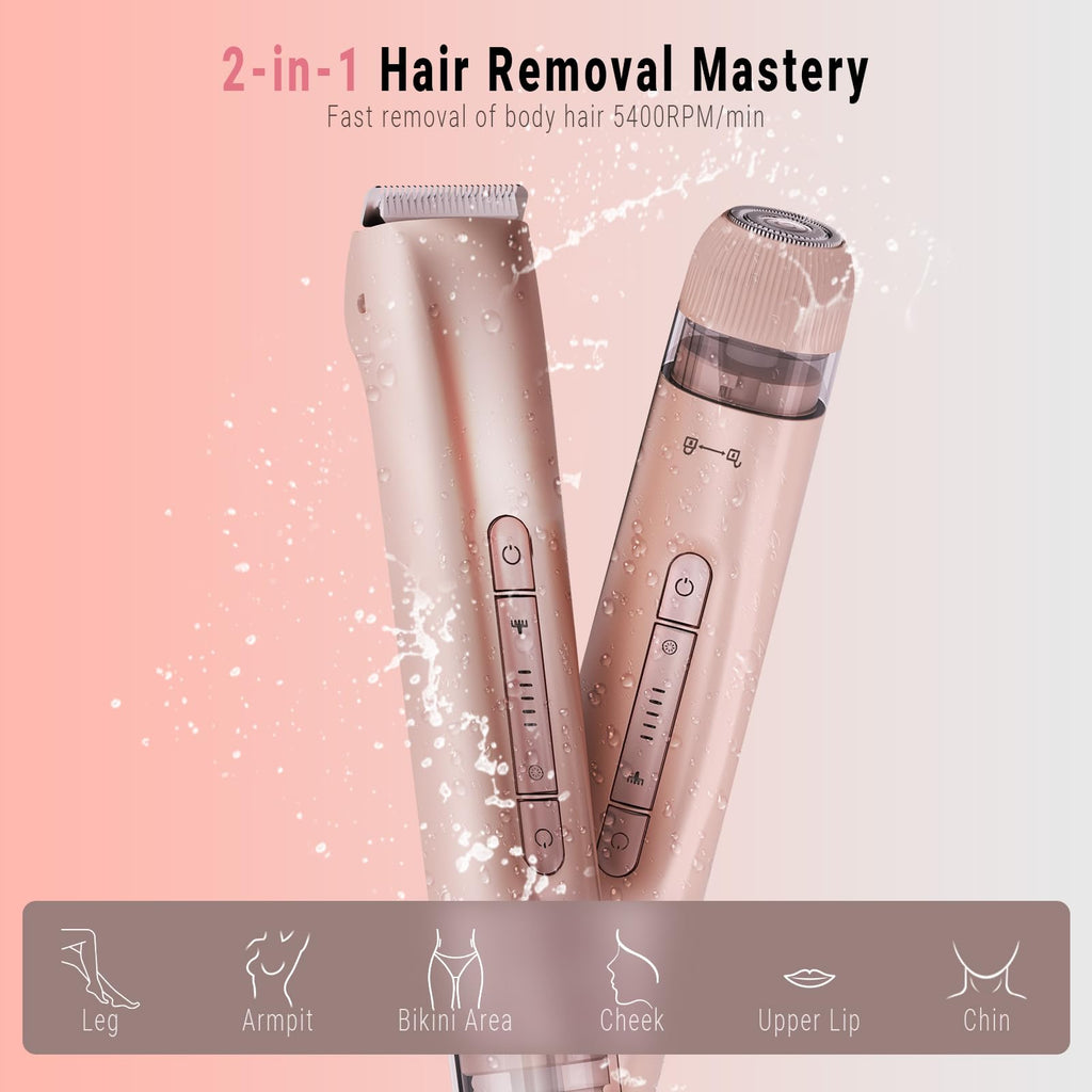 FIONOFY Bikini Trimmer and Shaver Kit for Women - 2-in-1 Electric Body Hair Trimmer Facial Hair Removal Cordless Bikini Shaver Razor Long-Rose