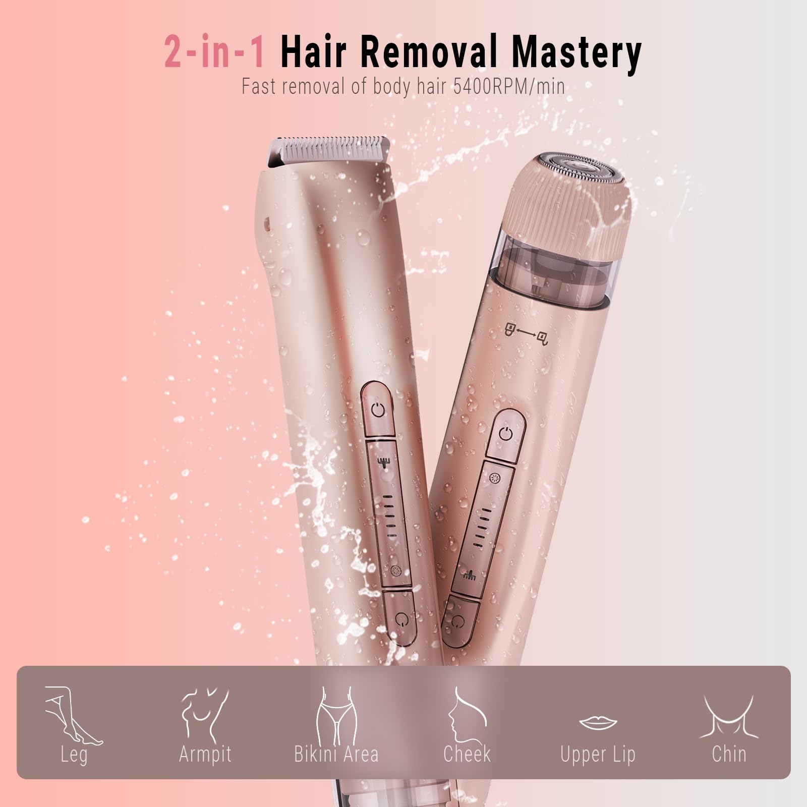 FIONOFY Bikini Trimmer and Shaver Kit for Women - 2-in-1 Electric Body Hair Trimmer Facial Hair Removal Cordless Bikini Shaver Razor Long-Rose