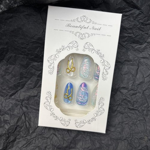 30Pcs Gowabory Almond Press on Nails Medium Fake Nails with 3D Aurora Water Ripple Gilded Bow Flashing Cat's Eye Designs, Summer Fall Acrylic Artificial False Nails Press Ons Stick On Nails for Women