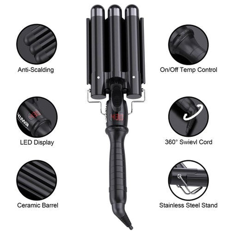 kuwa Three Barrel Curling Iron,Hair Crimper with LCD Temperature Display,1 Inch Crimper Hair Tool,Dual Voltage Hair Crimper,Beach Waver Curling Iron (Black)