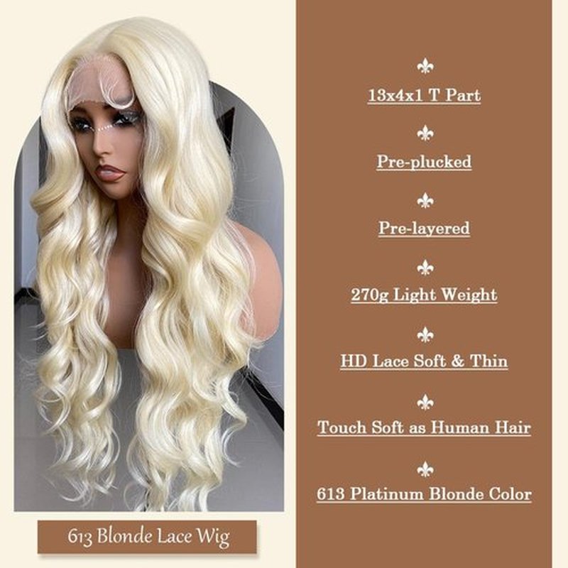 SISgrace 613 Platinum Blonde Lace Front Wigs Synthetic Body Wave Wear and Go 13x4x1 T-part Lace 28 Inch Pre-Plucked with Baby Hair HD Glueless Lace Front Wig for Women