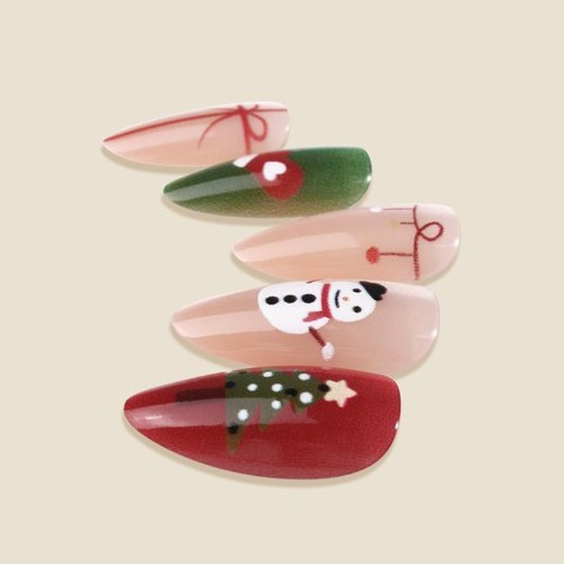 Christmas Press on Nails - Medium Almond Red French Tip Fake Nails with Snowflakes Christmas Tree Design Glitter Glue on Nail Xmas Full Cover Cat Eye False Nails Artificial Acrylic Nails 12 Size 24Pcs