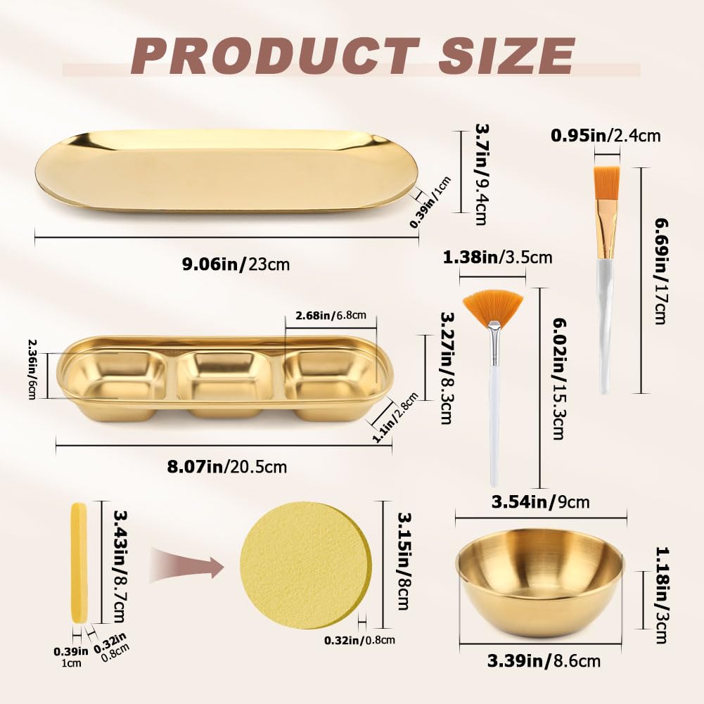 23Pcs Esthetician Supplies for Facials Set, 3 Gold Mixing Bowls Serving Tray 3 Compartment Serving Tray 3 Facial Fan Brushes 3 Flat Brushes, 12 Facial Sponge Compressed Round