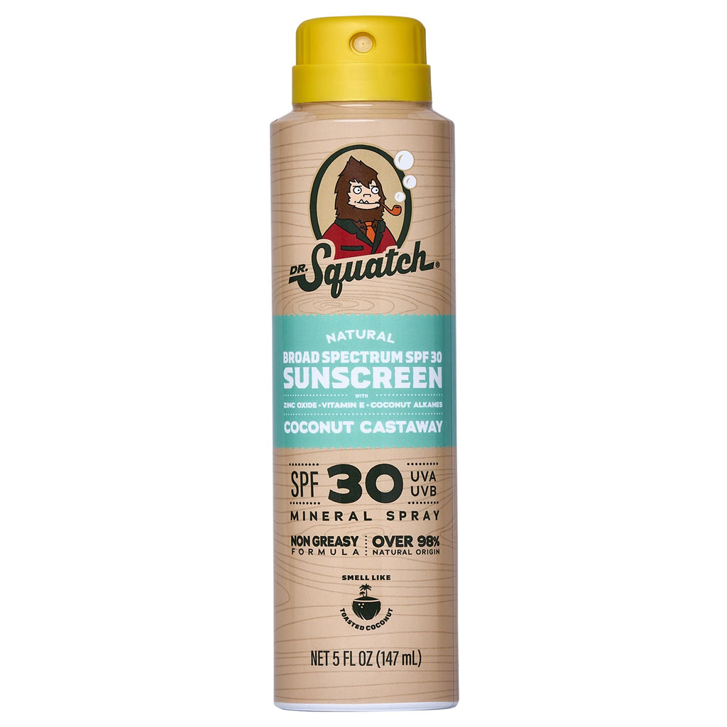 Dr Squatch Sunscreen Spray – Mineral Sunscreen for Face and Body, SPF 30, Broad Spectrum UVA/UVB Protection – Zinc Oxide, Lightweight Non-Greasy Formula – Coconut Castaway (5 fl oz)