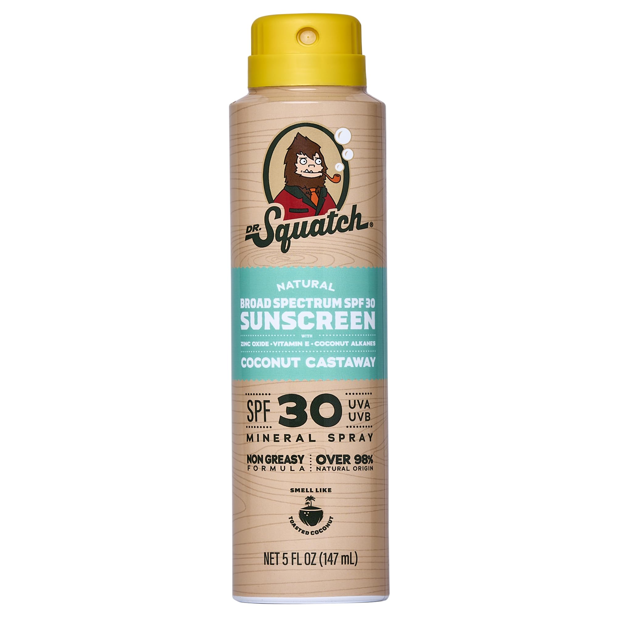 Dr Squatch Sunscreen Spray – Mineral Sunscreen for Face and Body, SPF 30, Broad Spectrum UVA/UVB Protection – Zinc Oxide, Lightweight Non-Greasy Formula – Coconut Castaway (5 fl oz)