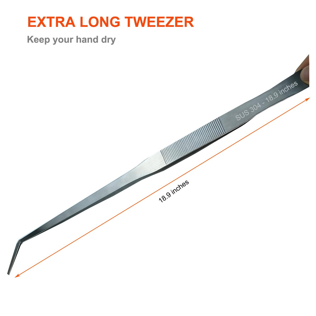 Fecsam Extra Long Tweezers, Feeding Tongs, 18.9 inch Aquarium Stainless Steel Large Aquascape Tools for Fish Tank, Terrarium，Aquascaping, Reptile Snake (Curved)