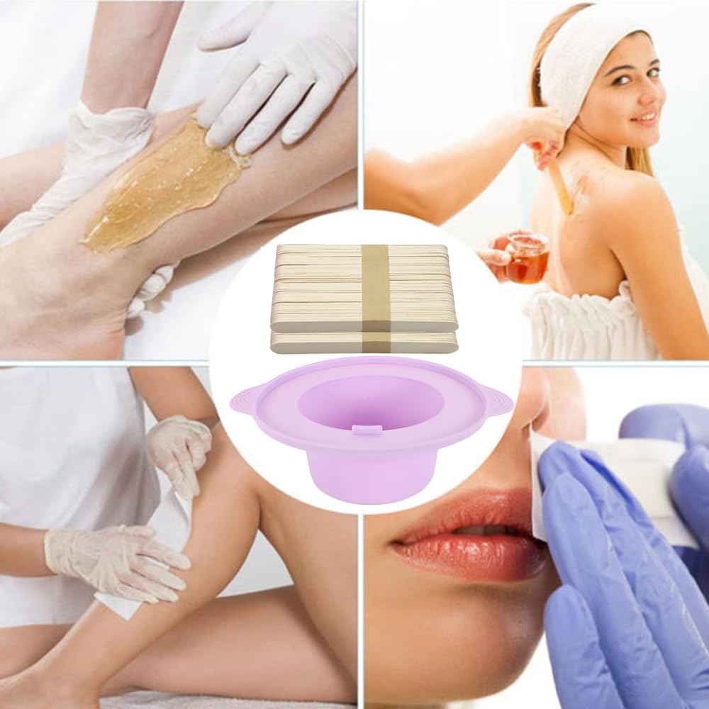 14 oz Silicone Wax Warmer Liner, Silicone Wax Bowl for Wax Warmer, Non-Stick Wax Melt Warmer Wax Pot, Reusable Wax Melt Liner with 100 Pcs Waxing Sticks Body Hair Removal Sticks (2pcs Purple)