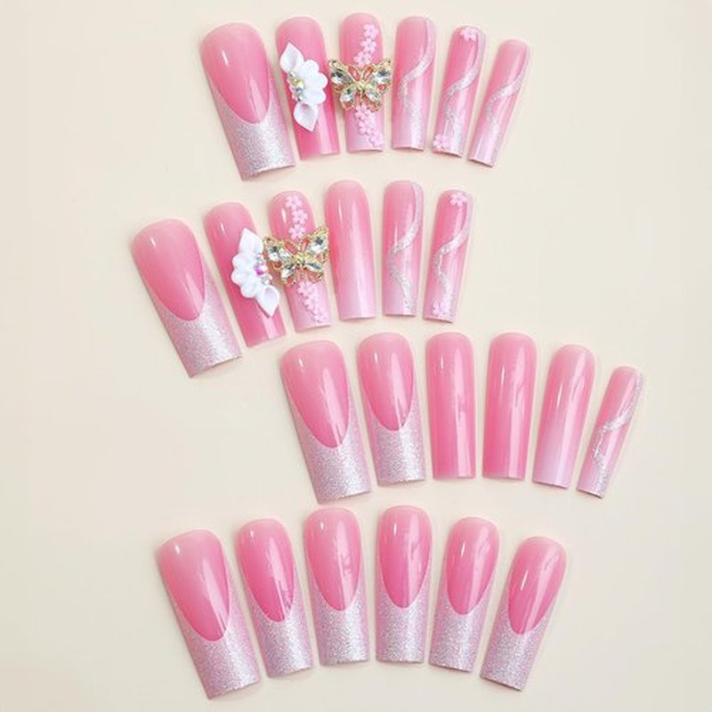 MUZOXEN French Tip Press on Nails Long Coffin Fake Nails with 3D butterfly flower Petal Rhinestones Designs Pink Acrylic False Nails with Stick Glue for Women -24pcs