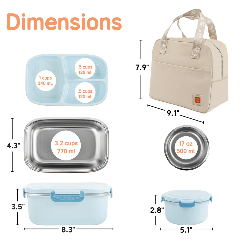 BEVISS 18/8 Stainless Steel Bento Box, Bento Lunch Box with Soup Bowl for Kids and Adults, Food Containers with Bag for Office or School, Blue