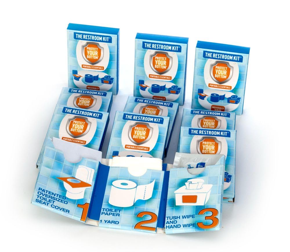 The Restroom Kit Great for travel (12-Pack) Portable Disposable Oversized Toilet Seat Cover, 3ft 3Ply Toilet Paper, Hand & Flushable Tush Wipe.