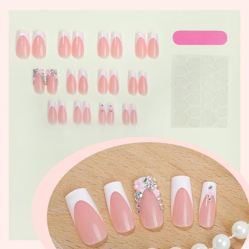 Foccna Press on Nails Pink French Fake Nails Medium Rhinestone Square Bling White Nails Glossy False Nail Tips Artificial Nails Luxury Finger Manicure for Women and Girls,24pcs (Square Nails 3)
