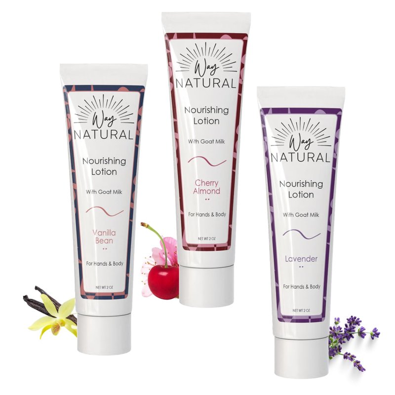 Way Natural Nourishing Goat Milk Lotion, Variety - Body & Hand Lotion Set - Dry Skin Relief, USA Made - Goat Milk Hand Cream for Women & Men - Lavender, Cherry Almond, Vanilla Bean - 3 (2oz) Tubes
